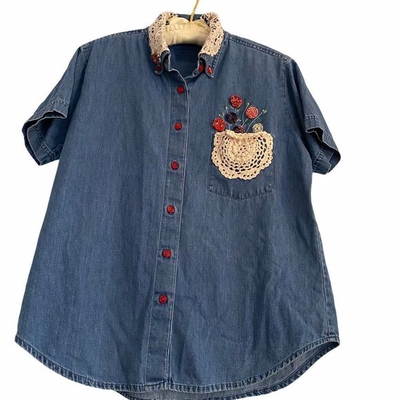 Vintage Cottagecore Country Denim Doilies Blouse - Picture 1 of 7